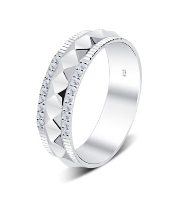 Serrated Pattern Shaped CZ Crystal Silver Ring NSR-4093
